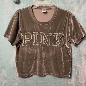 VS PINK Sage Velour Crushed Velvet Crewneck Crop Tee Top Olive Green M